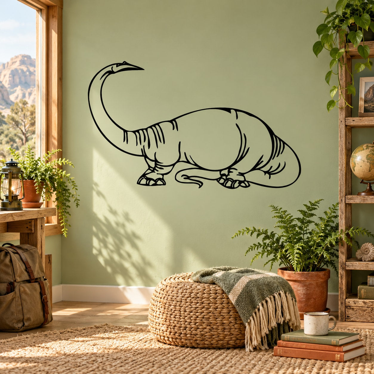 Black line-art apatosaurus decal with long tail and legs