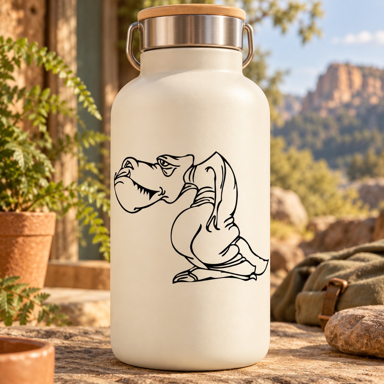 Black line T-Rex character decal on a white bottle