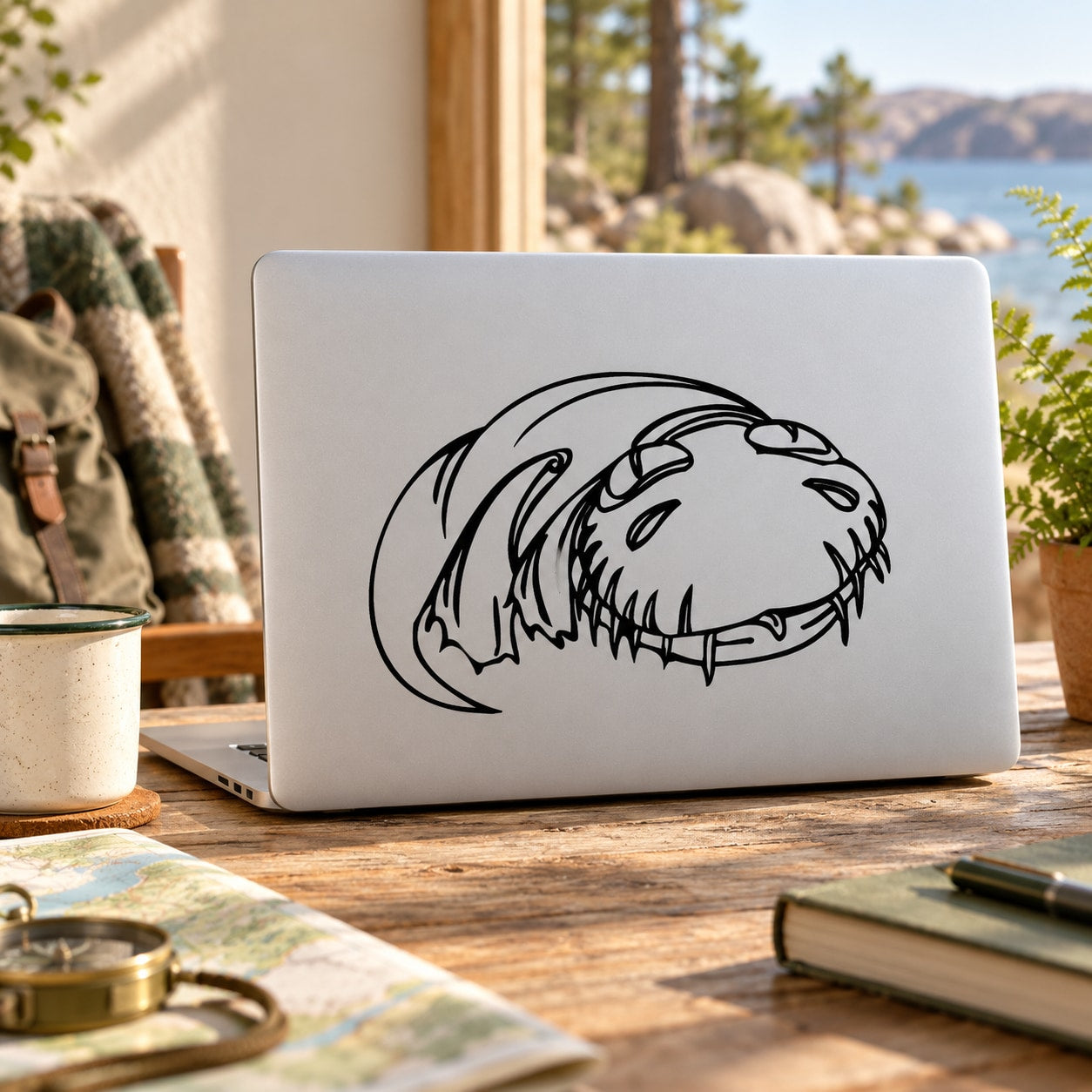 Swimming dinosaur decal sticker in black line art on a white laptop