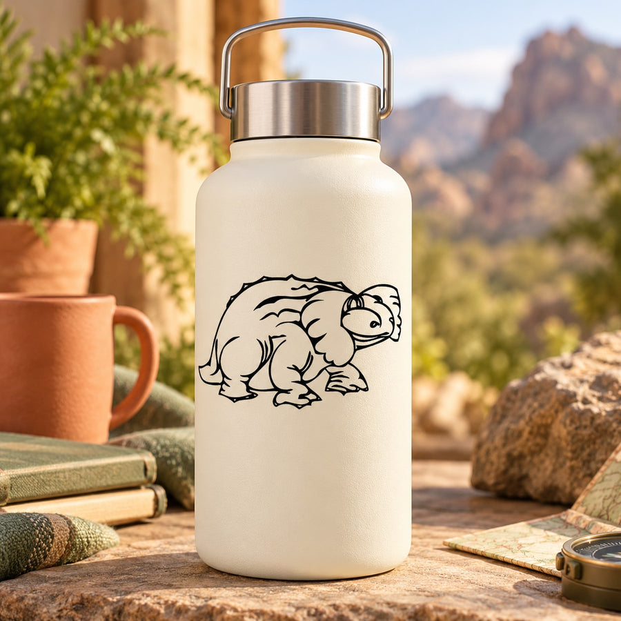 Nodosaurus line-art decal, black dinosaur illustration on light-colored bottle