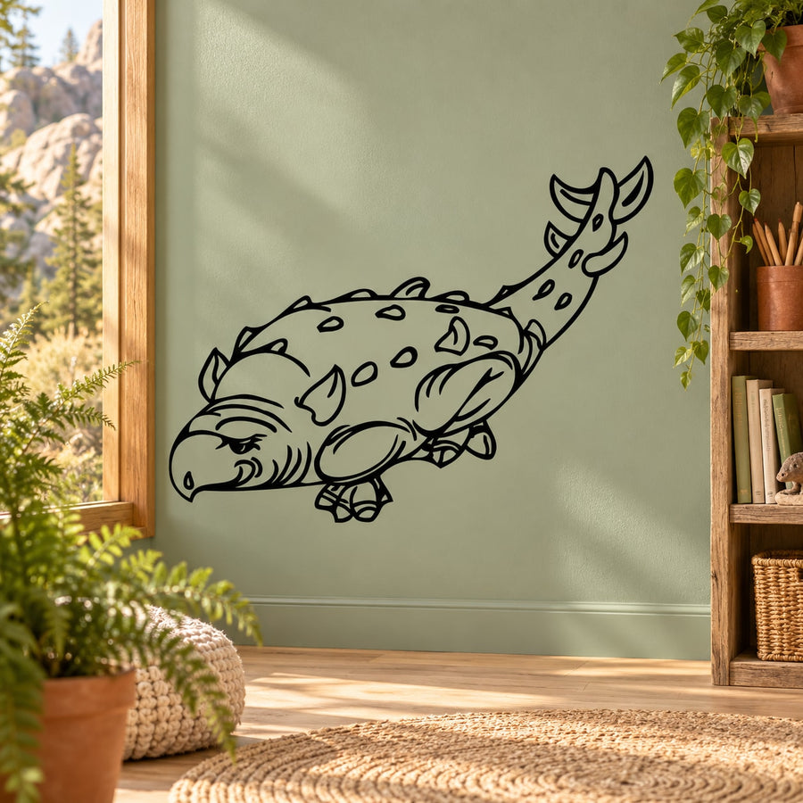 Edmontonia dinosaur wall decal in black line art, long tail with spikes.