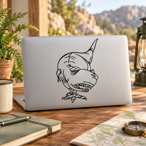 Black line-art T-rex decal on a laptop lid, smiling dinosaur face and snout