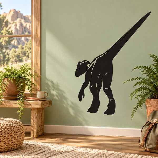 Black Dilophosaurus walking wall decal, long tail and open mouth