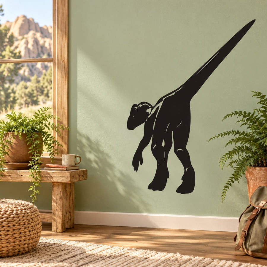 Black Dilophosaurus walking wall decal, long tail and open mouth