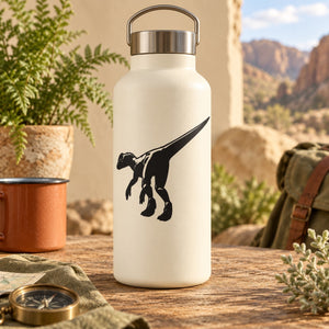 Detailed Dilophosaurus dinosaur decal with open jaws silhouette on white bottle