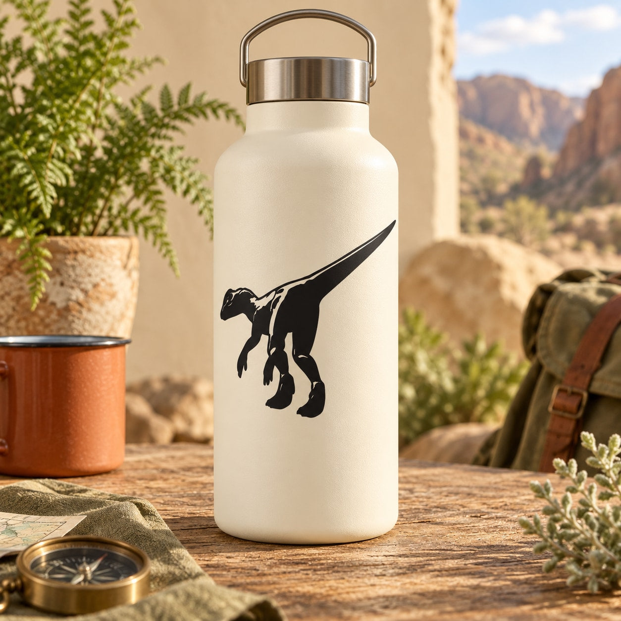Detailed Dilophosaurus dinosaur decal with open jaws silhouette on white bottle