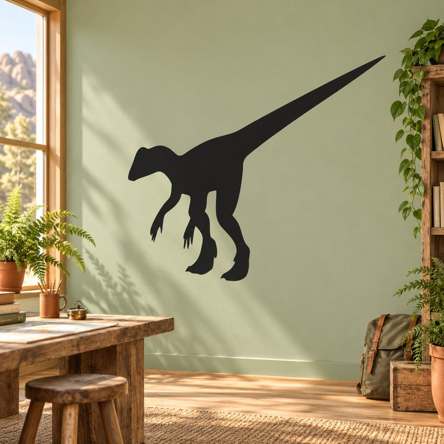Black leaving dinosaur silhouette wall decal with long tail