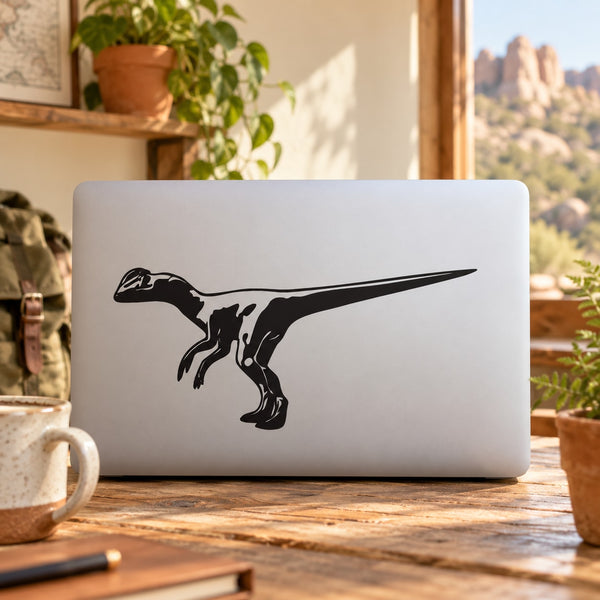 Black standing dinosaur decal with long tail and open-jaw head