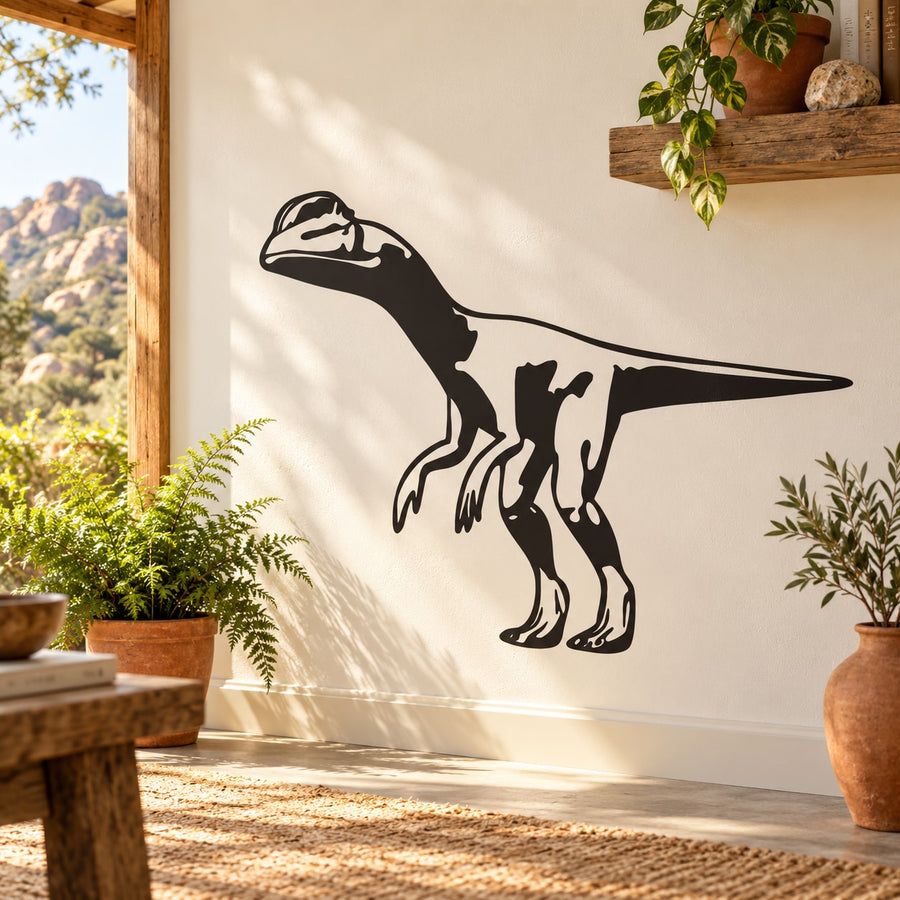 Black Dilophosaurus dinosaur wall decal with open frill