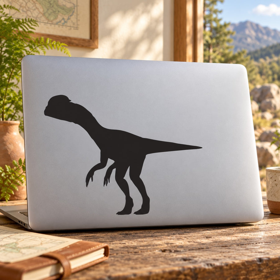 Black waiting dinosaur decal with Dilophosaurus silhouette for laptop