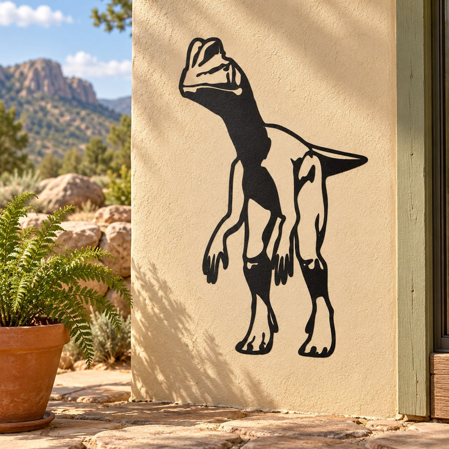 Black dilophosaurus dinosaur decal with frilled head and detailed body outline