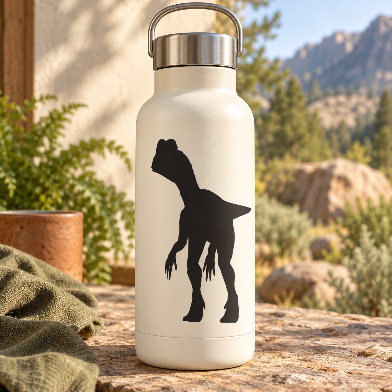 Looking Dilophosaurus decal silhouette on cream insulated water bottle