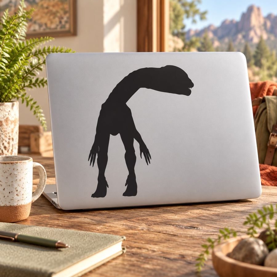 Looking Dilophosaurus dinosaur decal, black silhouette on white background