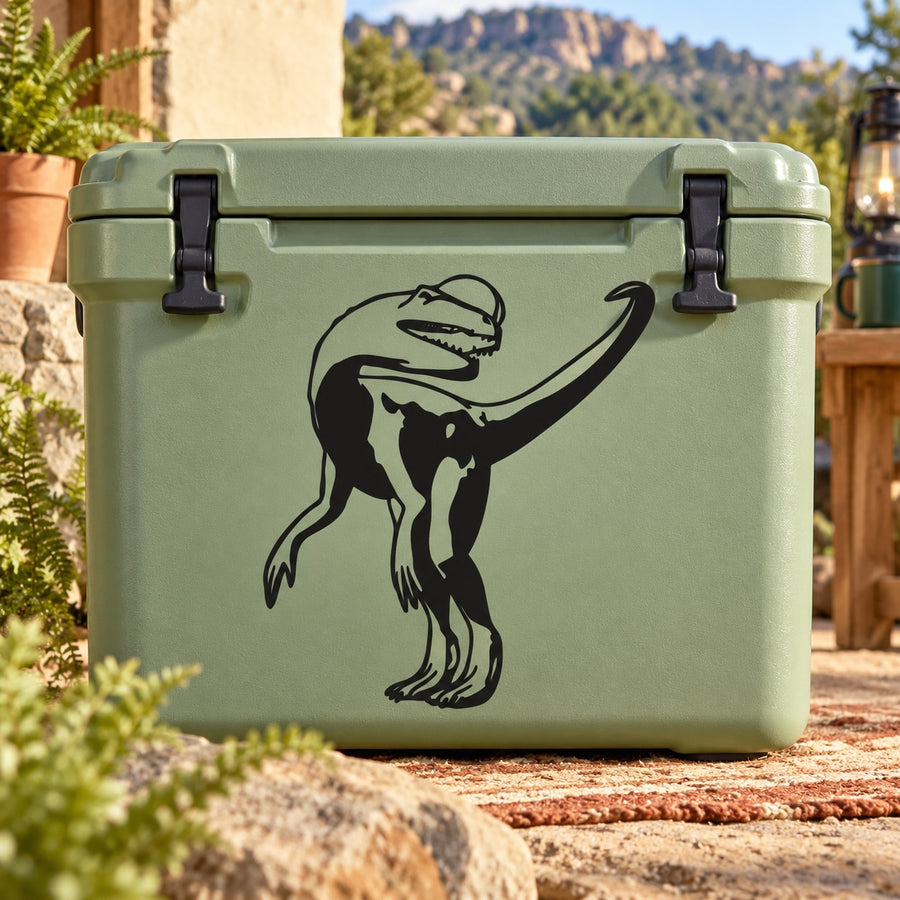 Green storage cooler with black Dilophosaurus looking back decal