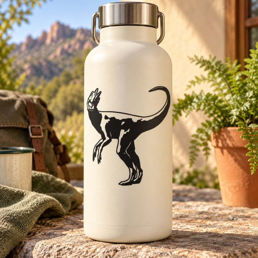Cream water bottle with black hungry Dilophosaurus decal and metal lid