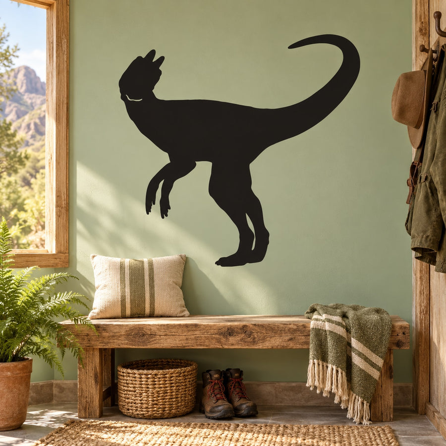 Black dilophosaurus dinosaur wall decal with open jaws and frill, single sticker