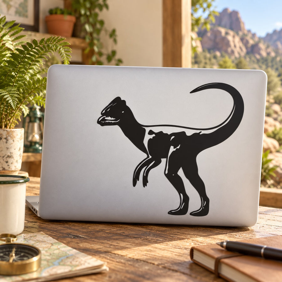 Dilophosaurus dinosaur decal, black silhouette with detailed head and open frill
