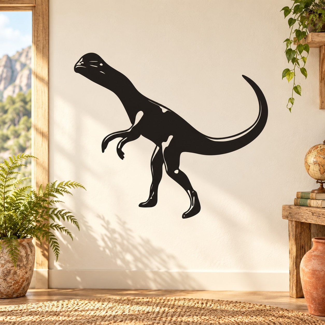 Black Dilophosaurus dinosaur wall decal silhouette with frill and open mouth