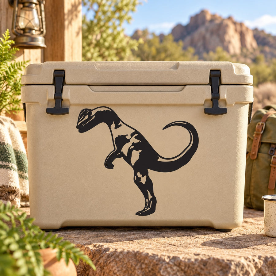 Black threatening Dilophosaurus dinosaur decal on tan cooler lid