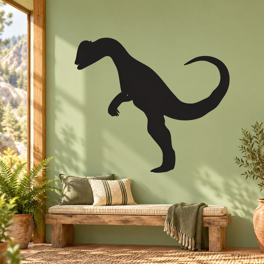 Threatening Dilophosaurus wall decal, black dinosaur silhouette with open mouth and claws