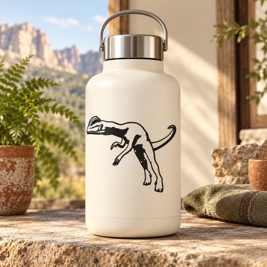 White water bottle with black Dilophosaurus dinosaur decal graphic