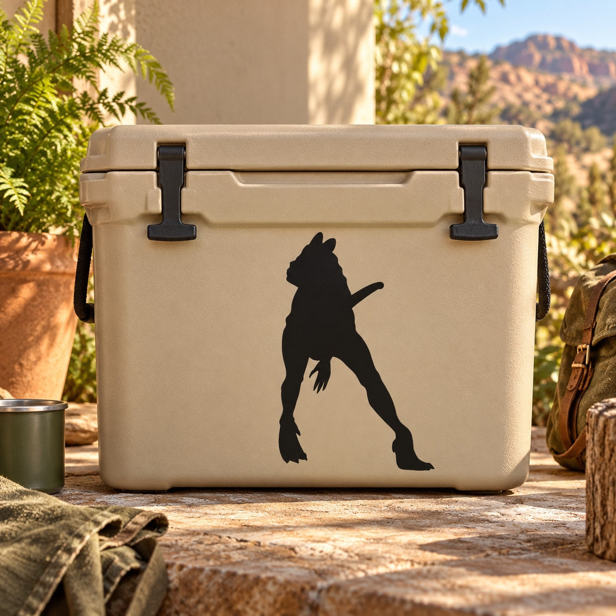 Black Dilophosaurus dinosaur silhouette decal on beige cooler front