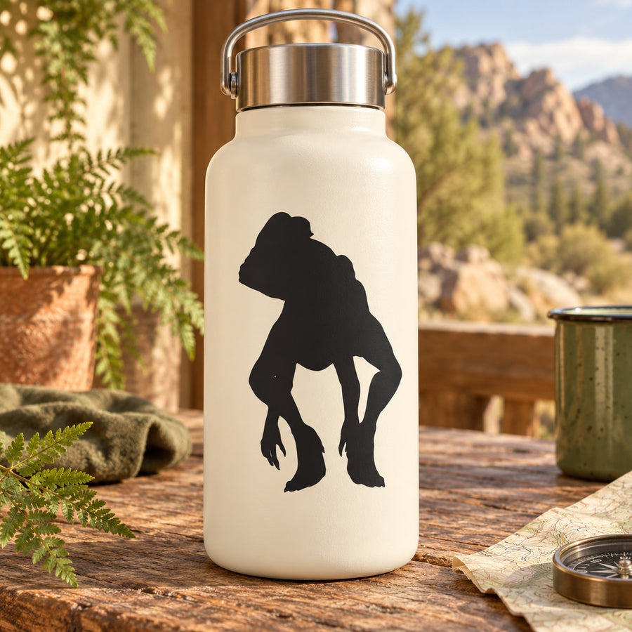 White bottle with black crouching Dilophosaurus decal silhouette