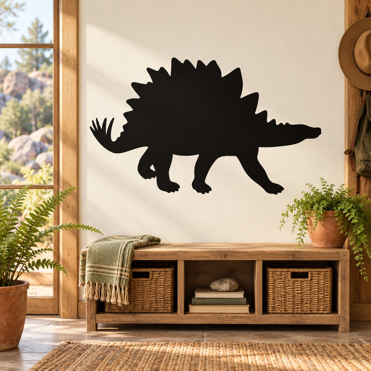 Walking stegosaurus vinyl decal, black dinosaur silhouette