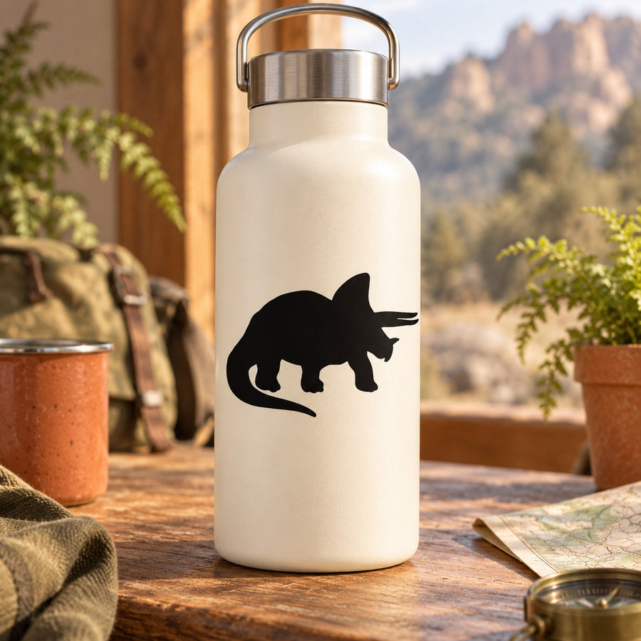 Black triceratops decal on white bottle
