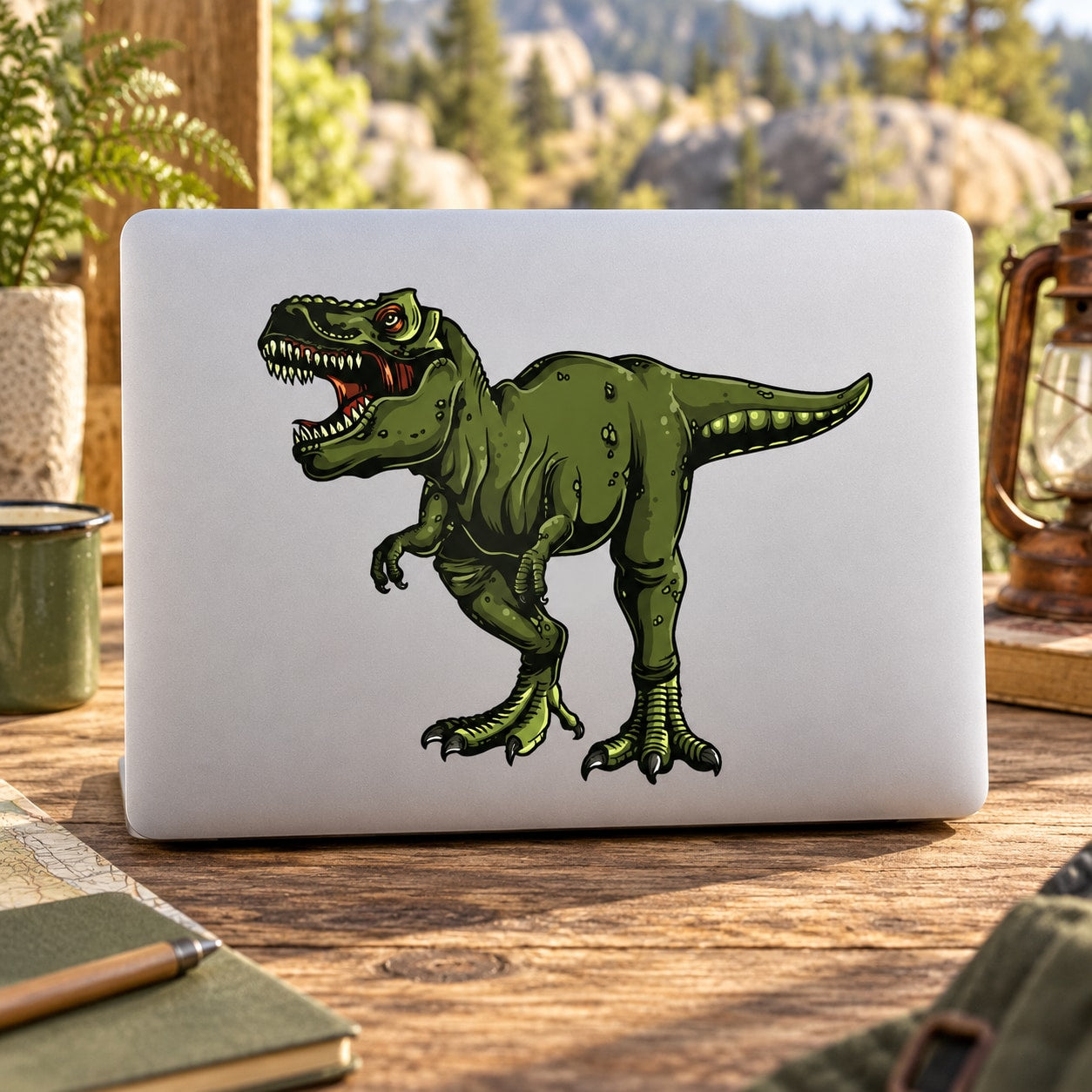 Green cartoon T-Rex dinosaur sticker with open mouth on white backing
