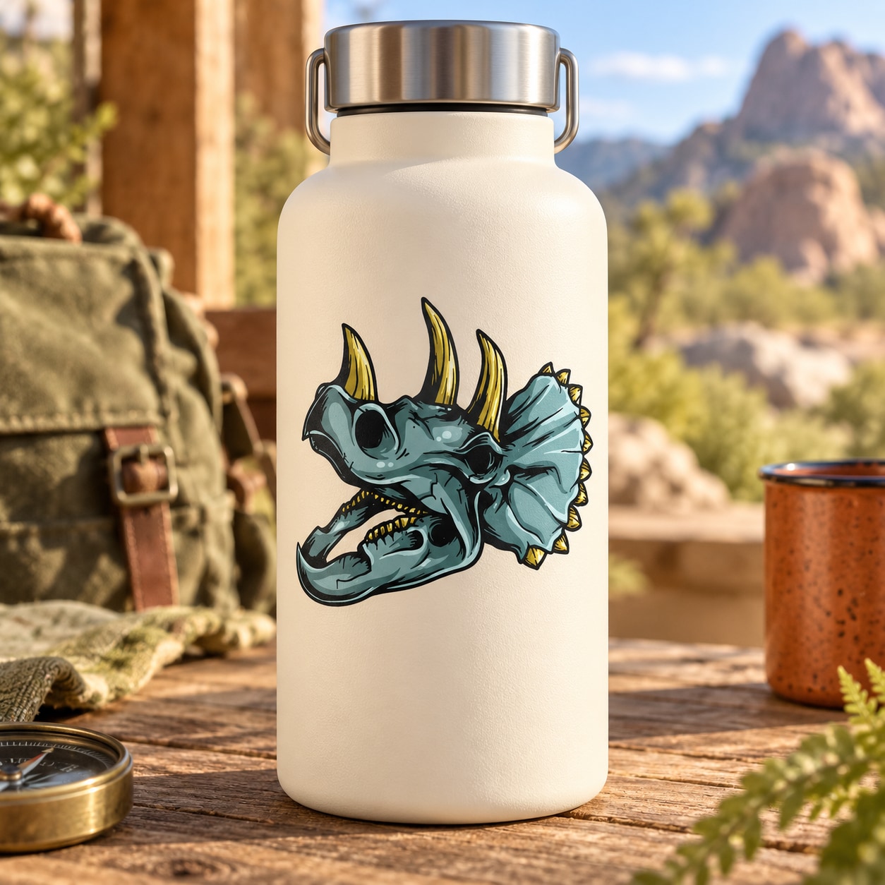 Water bottle with triceratops skull printed decal on the front