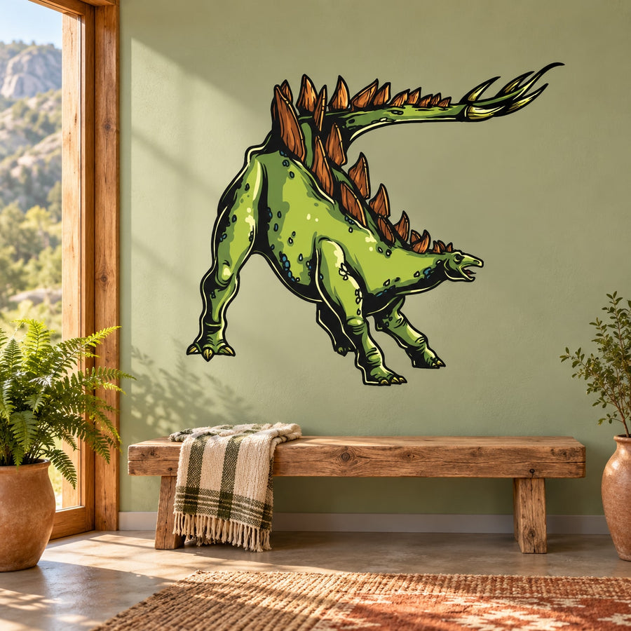 Green stegosaurus attack sticker with orange plates in dynamic running pose
