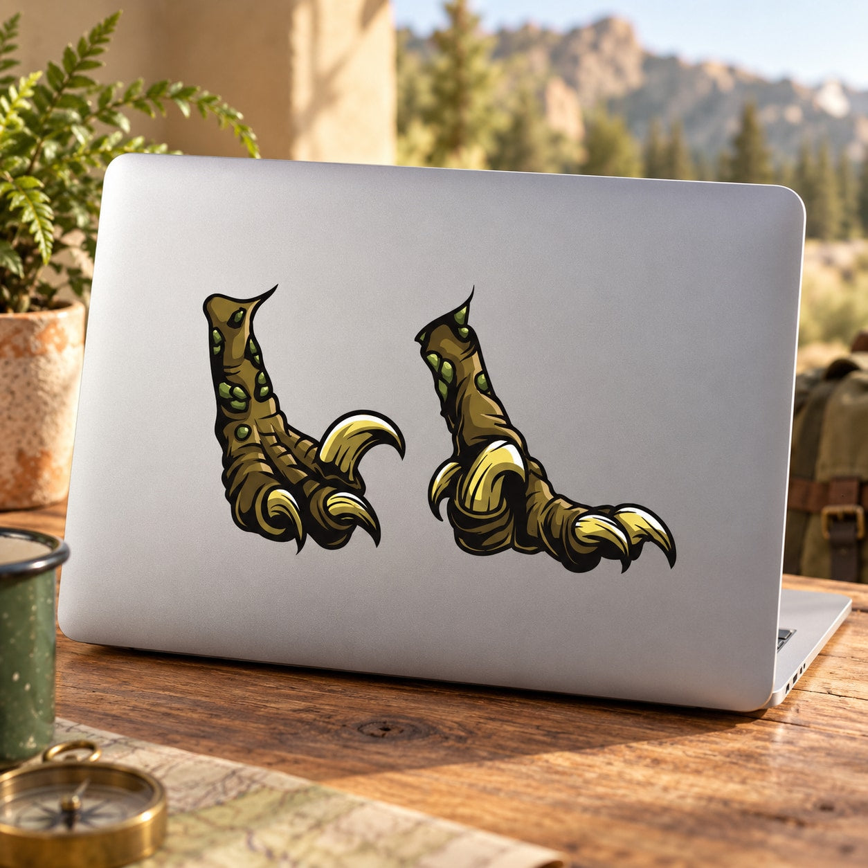 Dinosaur claw printed decal with two green and yellow claw graphics