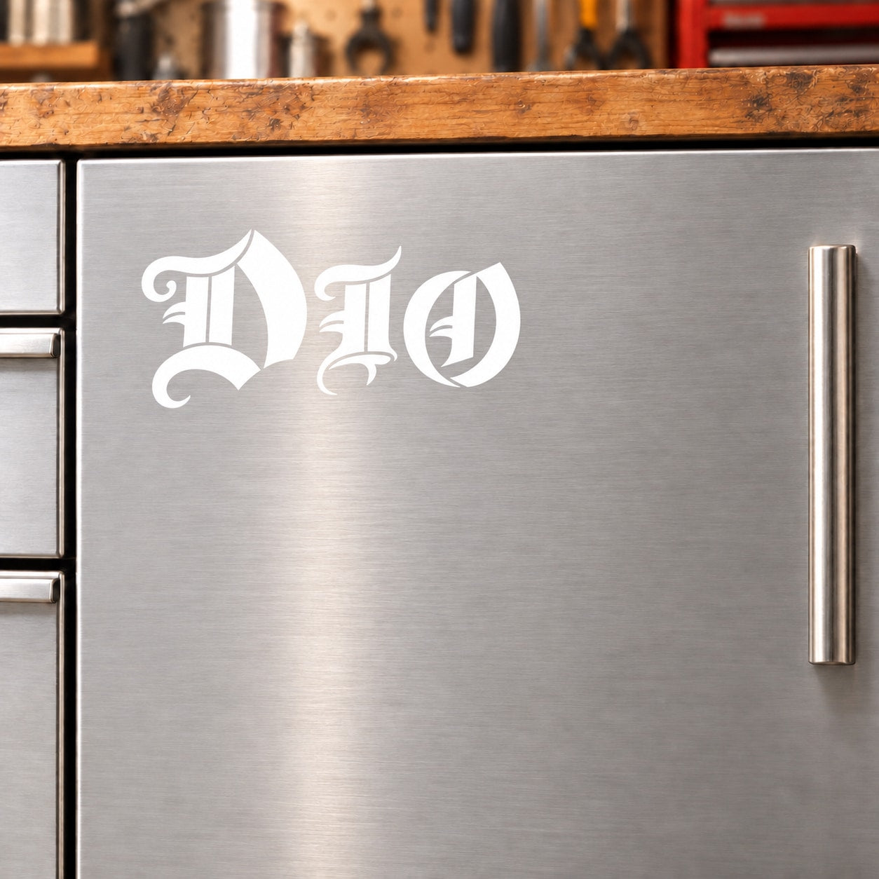 Ornate white DIO logo decal