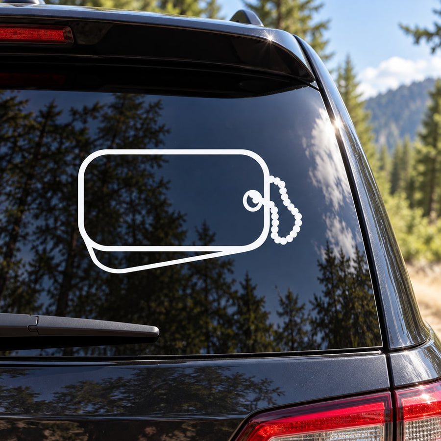 Blank Dog Tag Decal — illustrative vinyl decal application mockup. Surrounding objects are not included.