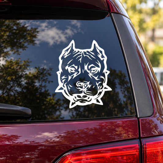 Growling pit bull decal, white graphic on car window