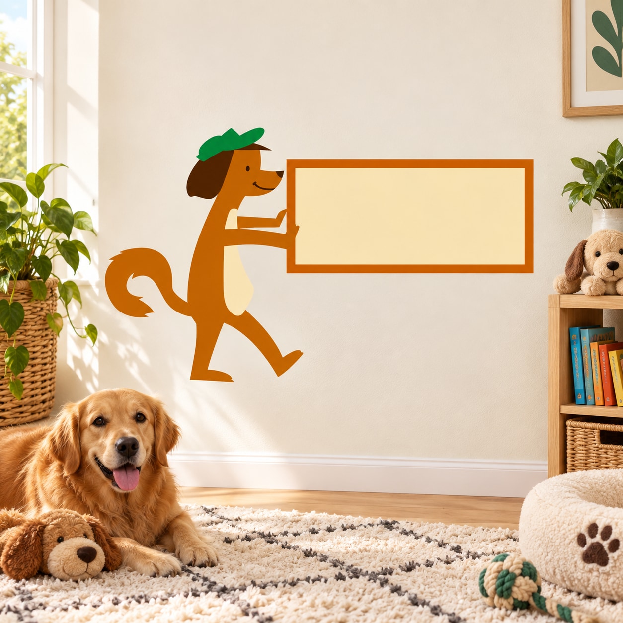 Dog holding sign sticker with orange dog, green cap, and blank orange-framed sign