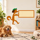 Dog holding sign sticker with orange dog, green cap, and blank orange-framed sign