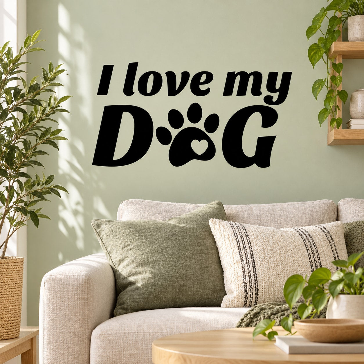 Black wall decal: I love my Dog with paw print and heart