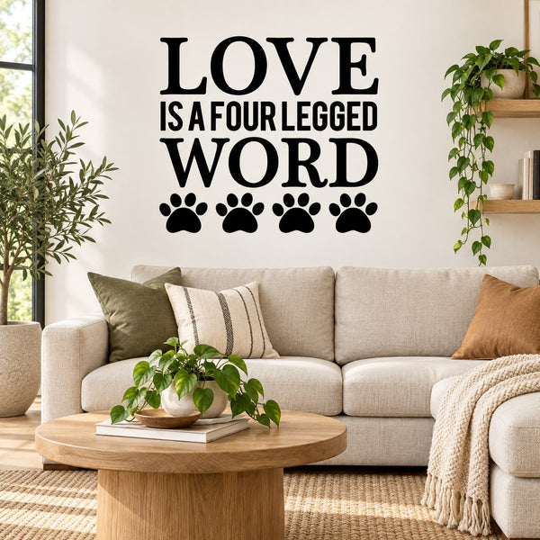 Love is a four legged word wall decal with paw prints lettering
