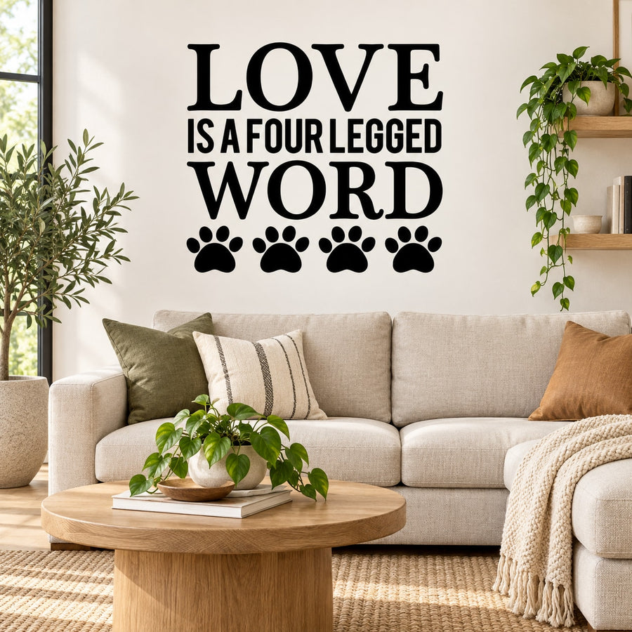 Love is a four legged word wall decal with paw prints lettering