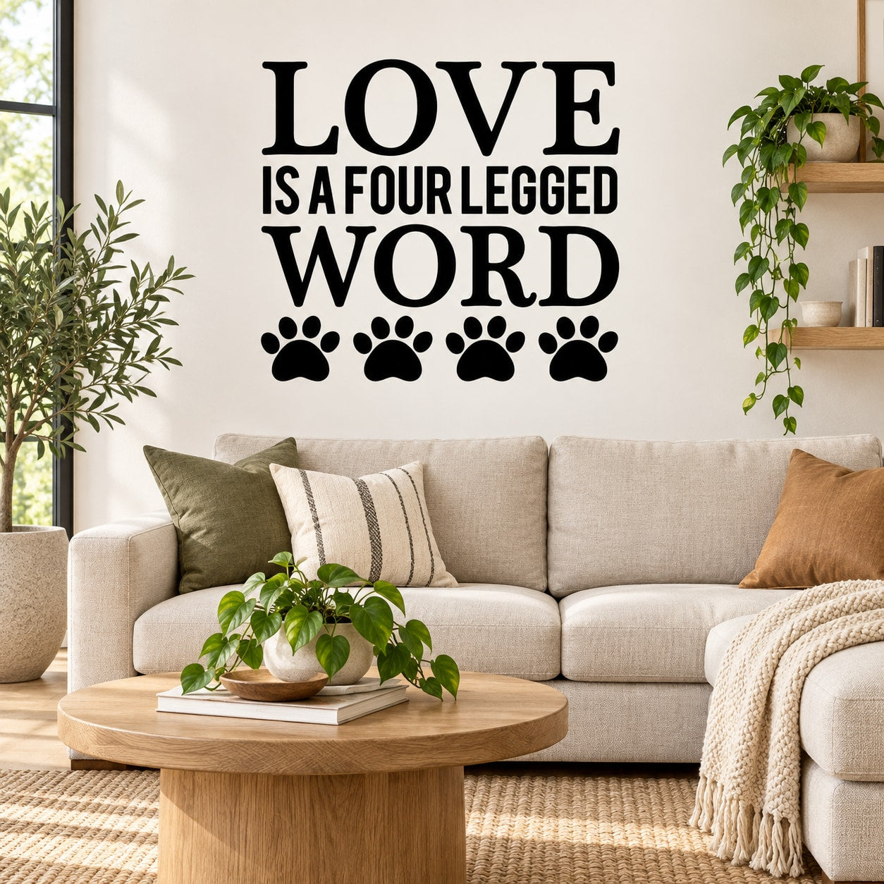 Love is a four legged word wall decal with paw prints lettering