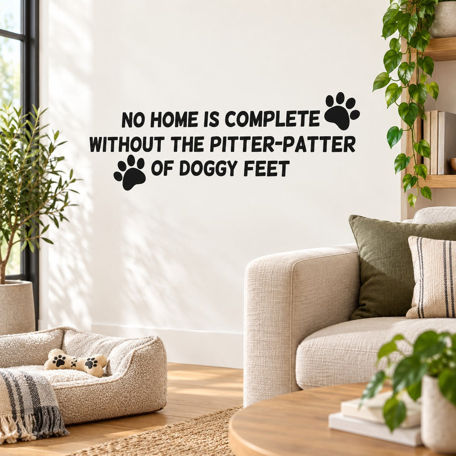 Dog paw print wall decal with quote about the pitter-patter of doggy feet