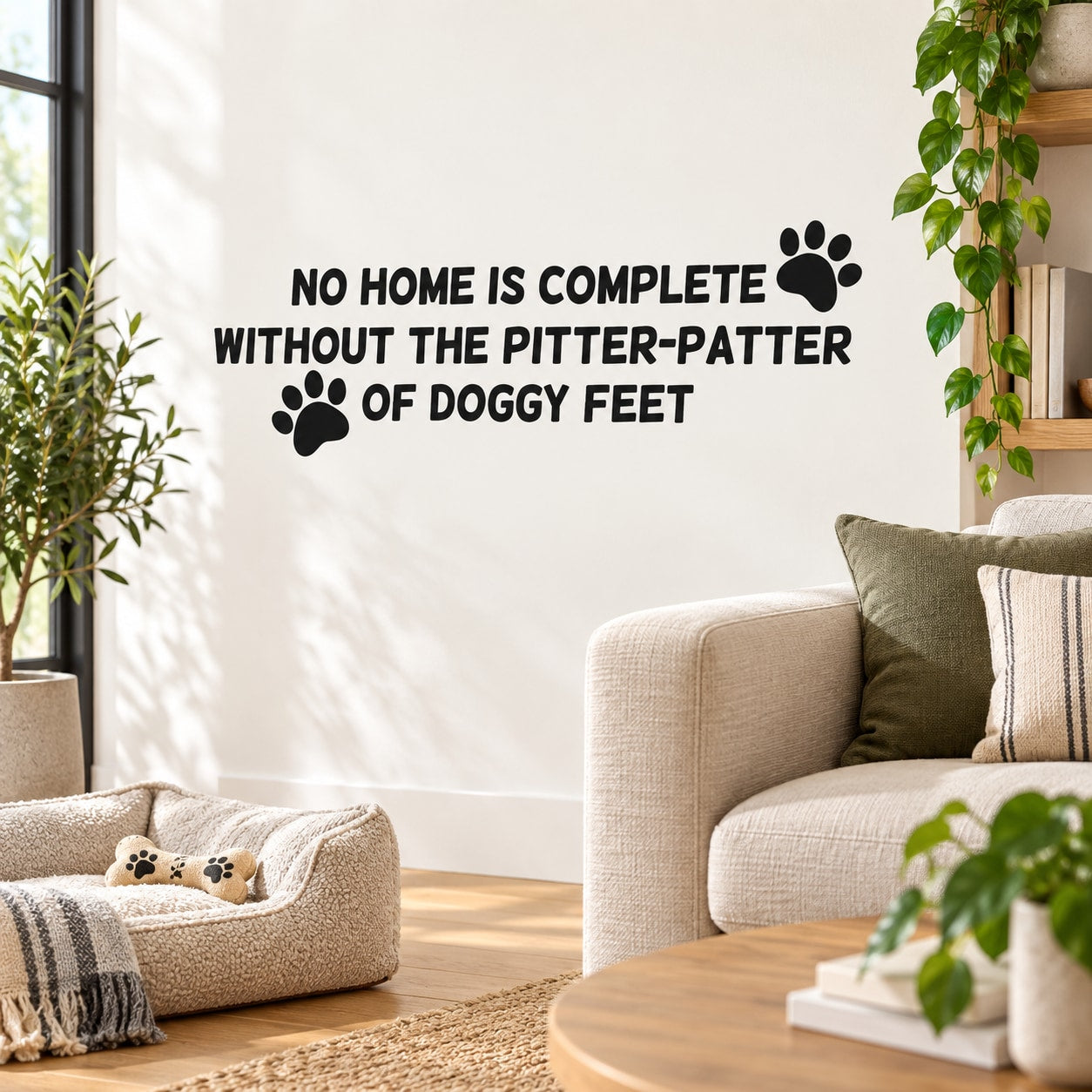 Dog paw print wall decal with quote about the pitter-patter of doggy feet