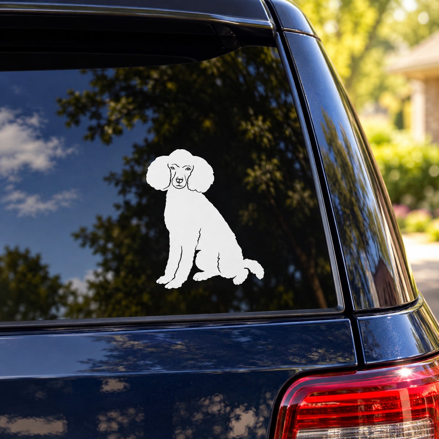 Sitting poodle decal, white sitting dog graphic on car window