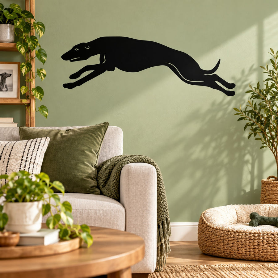Leaping greyhound silhouette wall decal in dark black
