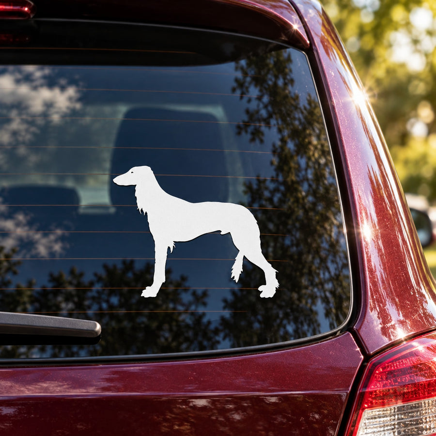 Saluki dog decal: white side-profile silhouette on car window.