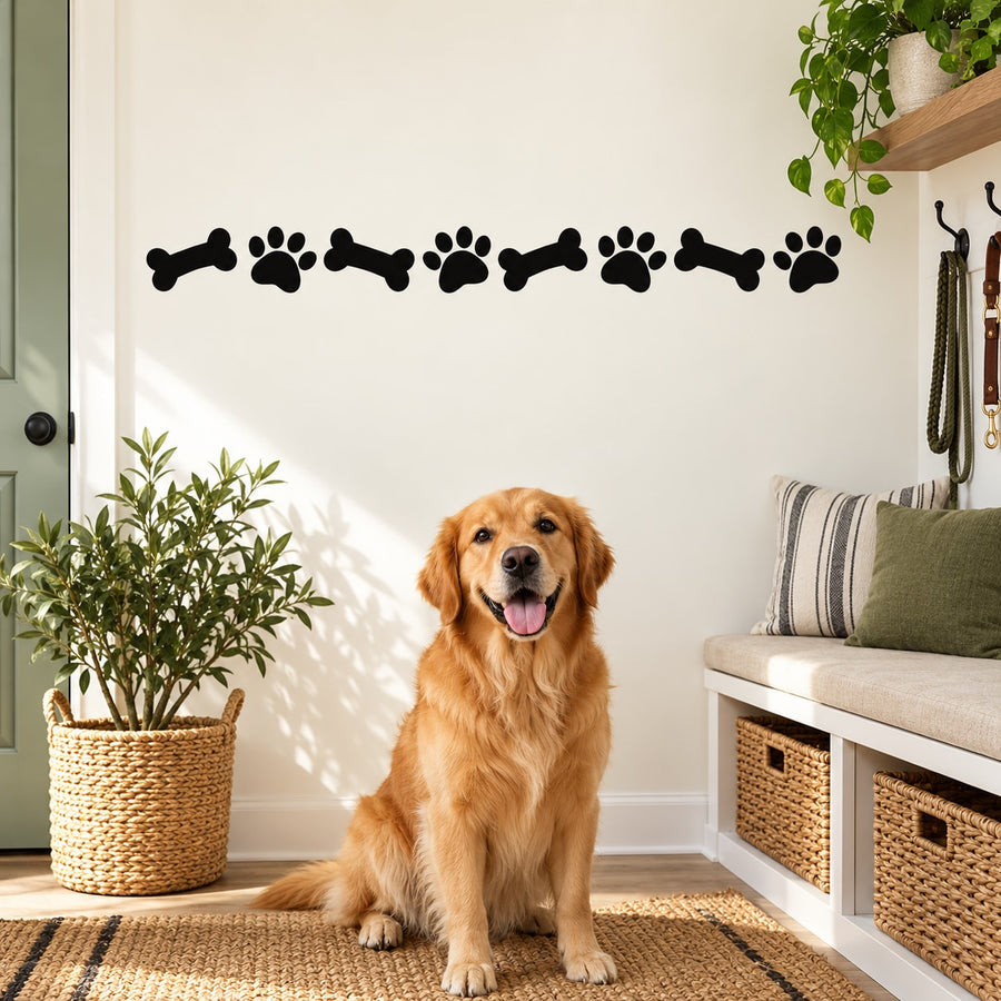 Dog paw and bone border decal, black bone and paw shapes on wall