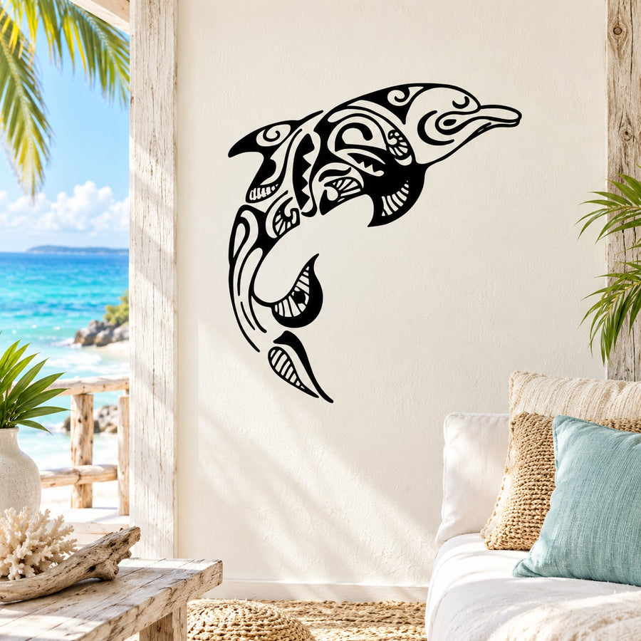 Black tribal dolphin wall decal with swirling Polynesian-style pattern