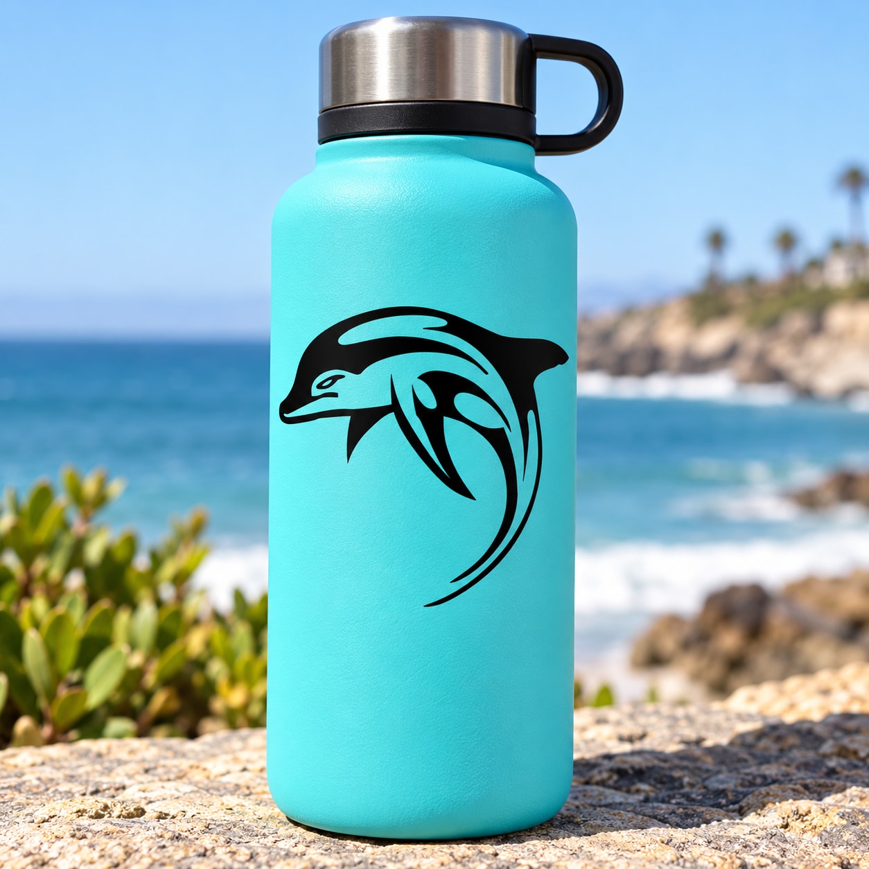 Teal water bottle with striped dolphin flip-over decal